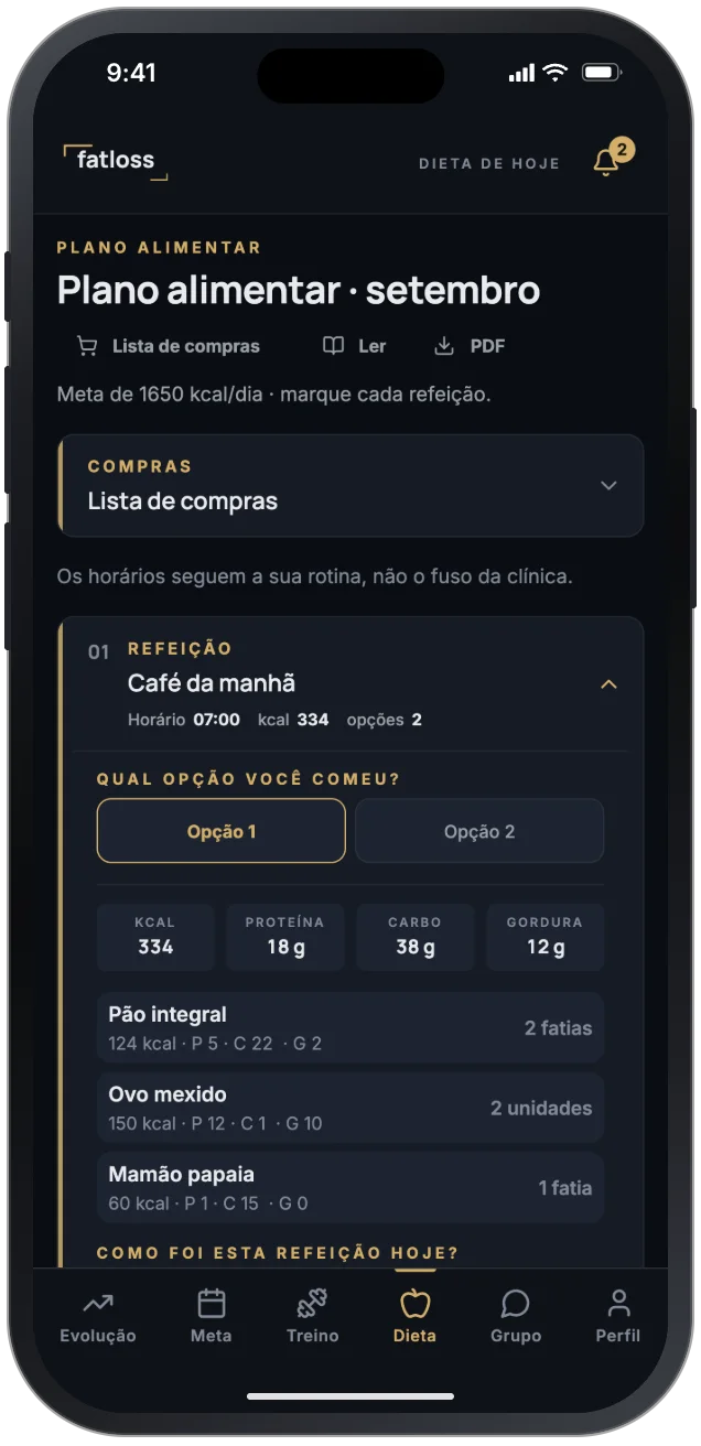 Tela de dieta do app do paciente: plano alimentar com meta de 1650 kcal por dia, lista de compras e o Café da manhã aberto, com a escolha da opção, os macros e cada alimento com a porção.